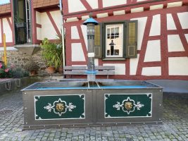 Ihr Immobilienmakler für Waldems Bermbach: Brunnen im Ortzentrum vor Fachwerkhaus